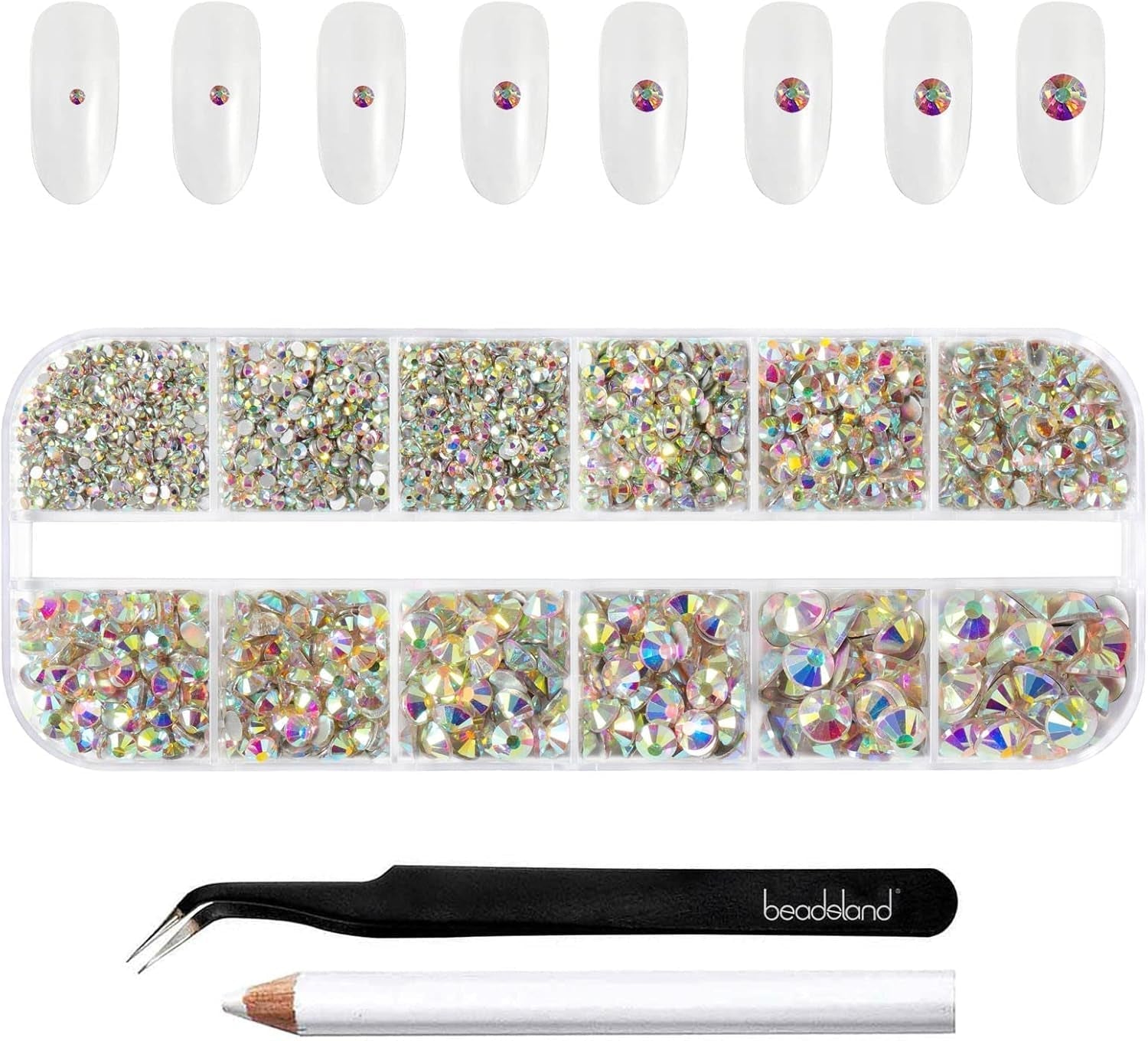 Beadsland 2500 stuks glas Nailart Strasssteine ​​Kristall Flatback Edelsteine ​​Runde, voor handwerk Gemischt 8 Größen SS4 ~ SS30 Mit Picking Pinzette en Stift (Kristall Weiss)
