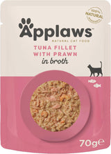 Applaws Premium natuurlijk natvoer voor katten, tonijnfilets met Pacifische garnalen in soep, portiezakjes van 70 g (12 x 70 g)