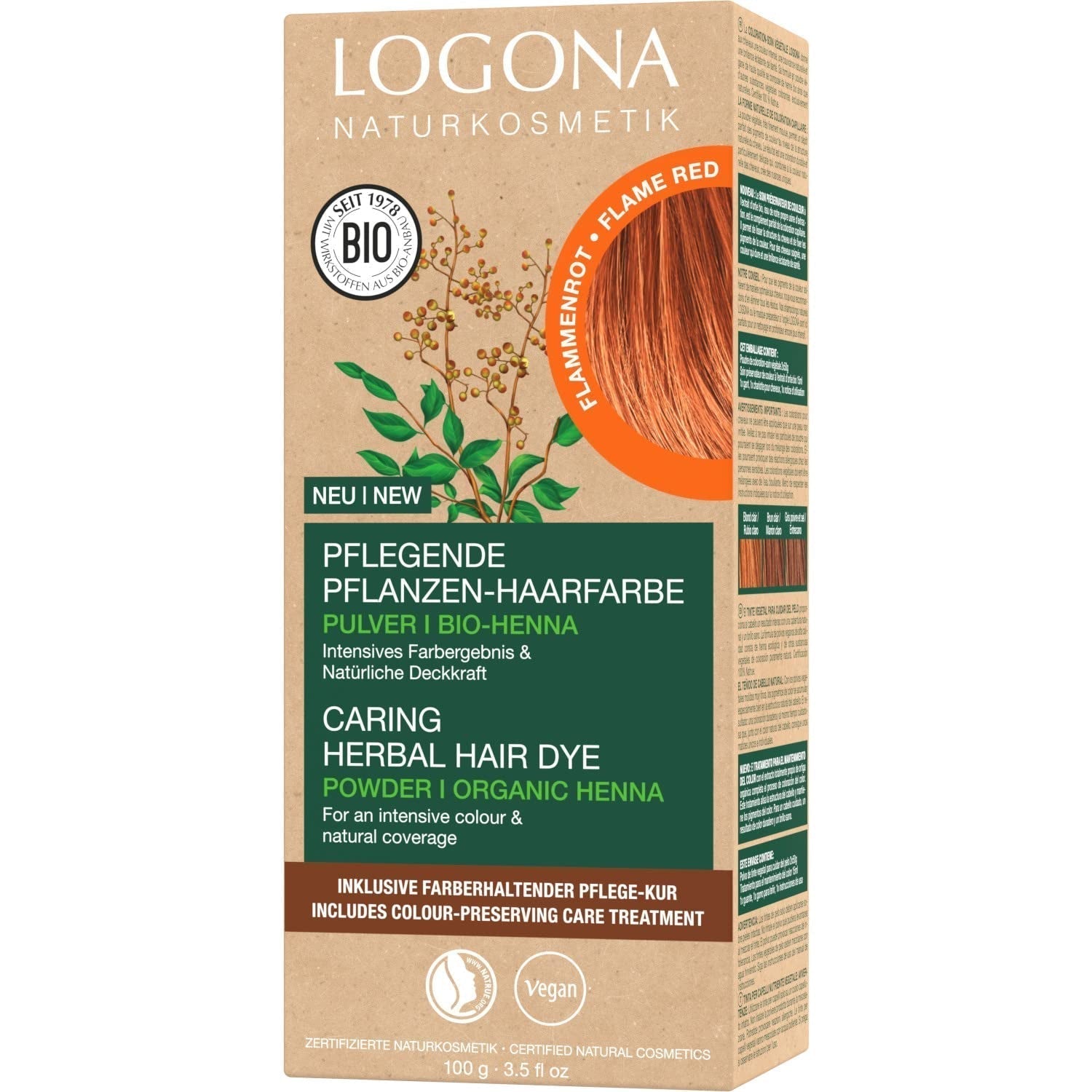 LOGONA Natural Cosmetics Kruiden voedende haarverf, biologische hennapoeder Veganistische haarverf voor intense kleur en glans, Kruidenhaarverf in koperblond (blond), 1 x 100 g Naty Shop Vlamrode haarverf 100G (1 verpakking)