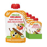 FRECHE FREUNDE Biologisch uitknijpbaar fruitzakje Appel Kaneel Peer Rijst Speltfruitpuree met granen voor baby's vanaf 6 maanden + Veganistisch 6-pack (6 x 100 g)