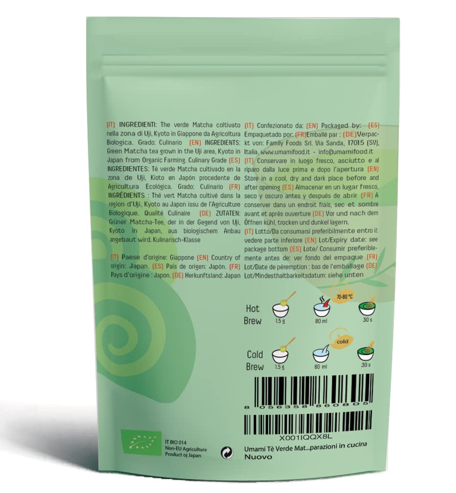 Umami Bio Matcha Groene Thee Poeder - Culinaire kwaliteit, geteeld in Uji, Kyoto (Japan) uit biologische landbouw. Uitstekend om te drinken of om te koken in de keuken 100 g...