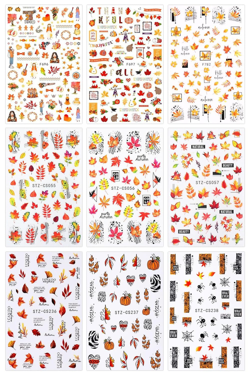 JMEOWIO Nagelsticker Herbst 9 Blatt Nail Art Sticker Selbstklebend Nagelaufkleber Kürbis Ahornblatt Erntedankfest Decoratie Nageldesign Zubehör