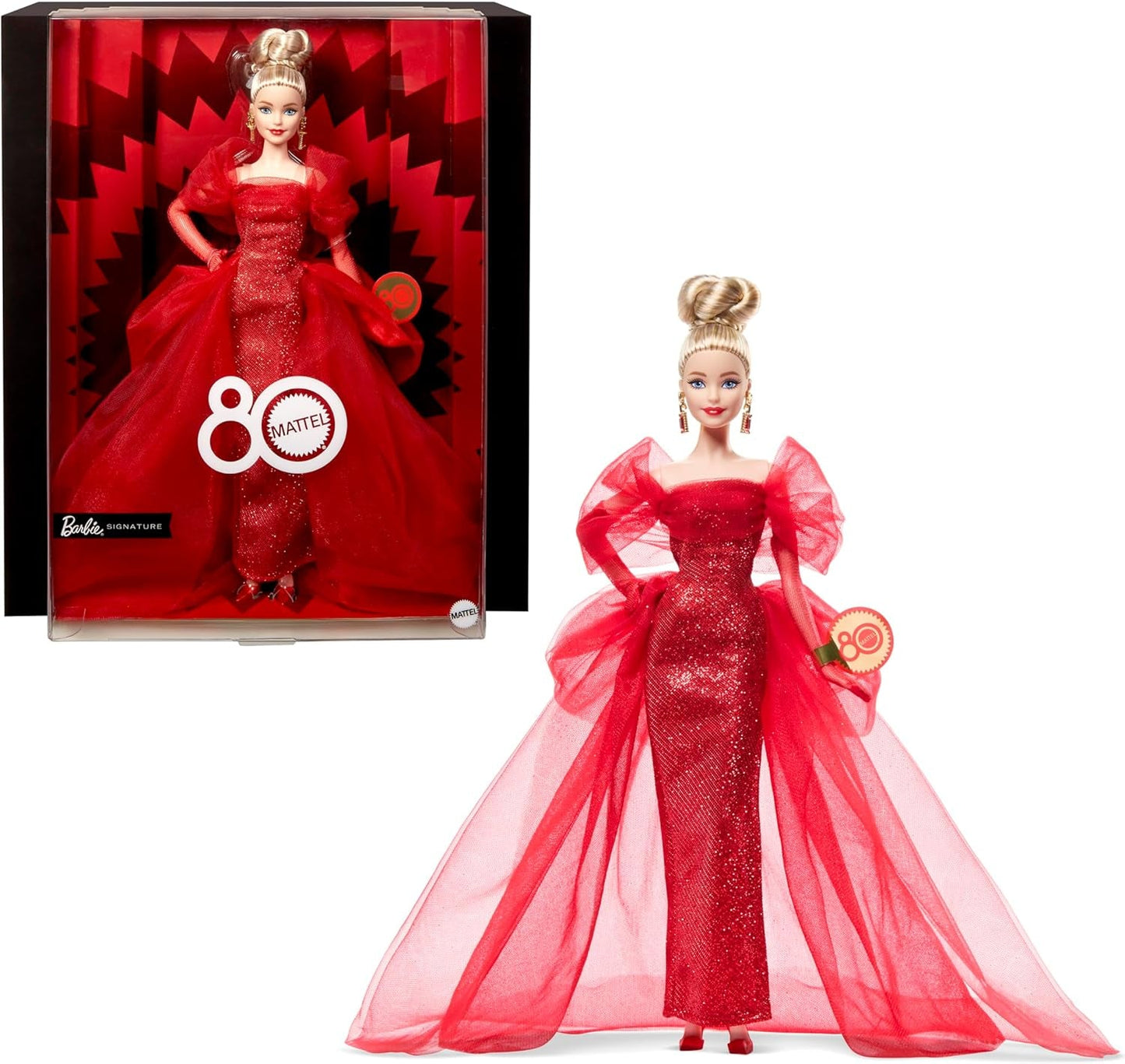 Barbie kenmerkende pop Mattel-verzamelfiguur voor 80-jarig jubileum in sprankelende rode tule-jurk met druppelvormige oorbellen en fijne handschoenen blond haar JBJ17