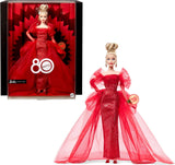 Barbie kenmerkende pop Mattel-verzamelfiguur voor 80-jarig jubileum in sprankelende rode tule-jurk met druppelvormige oorbellen en fijne handschoenen blond haar JBJ17