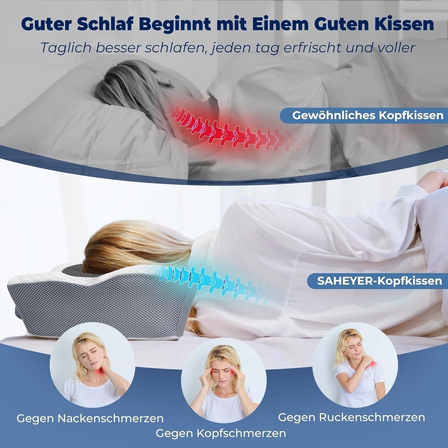 SAHEYER orthopedisch kussen neksteunkussen hoofdkussen, ergonomisch nekkussen zijslaper kussen 60 X 40 X 13/11 cm traagschuim kussen voor zijslaper, rug en buik Cervicale orthopedische kussens Naty Shop