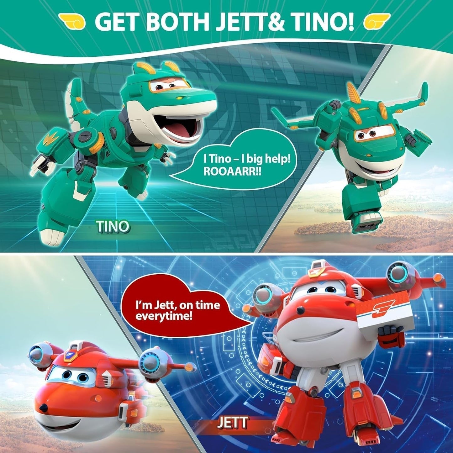 Super Wings 5" Transforming Characters 2-pack Transforming Supercharged Jett + Tino Transformer speelgoed voor jongens en meisjes vanaf 3 jaar Rode actiefiguren Naty Shop