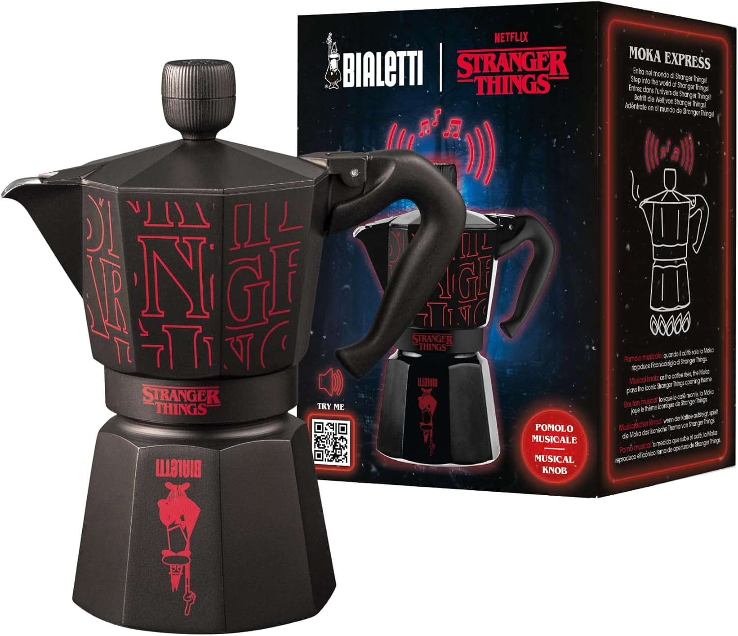 Bialetti Moka Express Stranger Things 6-kops koffiezetapparaat, muziekknop met USB-C oplaadfunctie, niet geschikt voor inductiekookplaten, 6 kopjes (270 ml), zwart