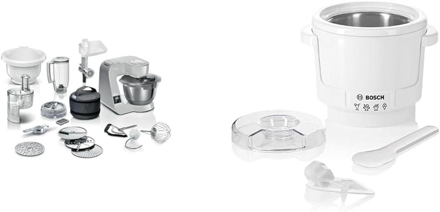Bosch Series 4 MUM5X720 keukenmachine, geïntegreerde weegschaal, roestvrijstalen kom 3,9L, mixer 1,25L, 1000W Accessoires Voeding en borstvoeding Bebe Naty Shop Pakket met ijsmachine Zilvergrijs 6 accessoires