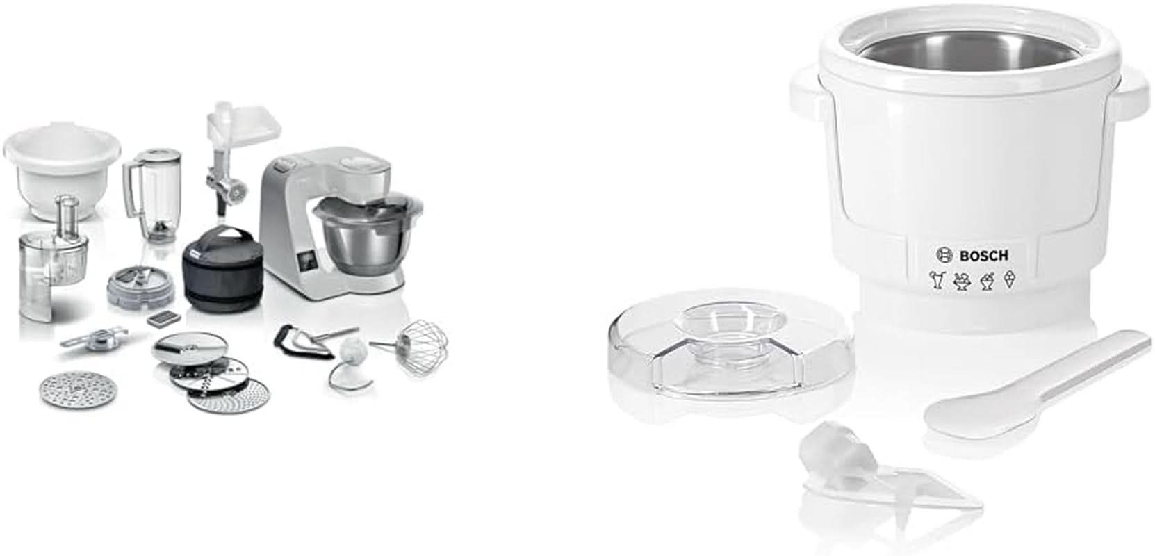 Bosch Series 4 MUM5X720 keukenmachine, geïntegreerde weegschaal, roestvrijstalen kom 3,9L, mixer 1,25L, 1000W Accessoires Voeding en borstvoeding Bebe Naty Shop Pakket met ijsmachine Zilvergrijs 6 accessoires