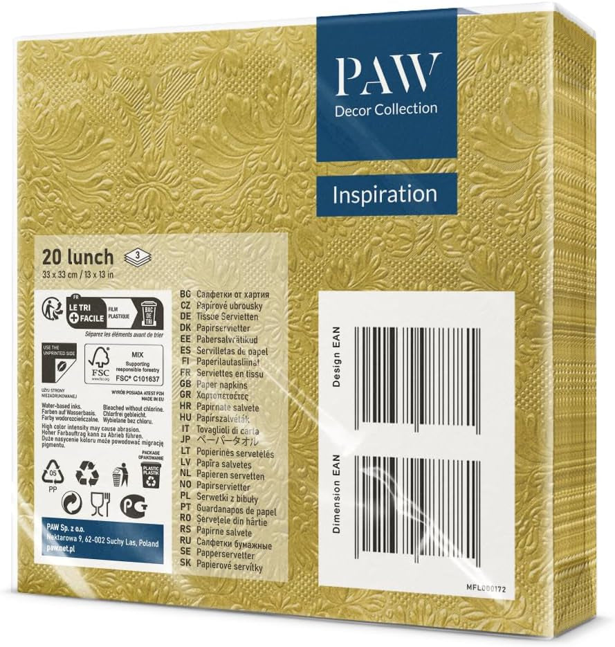 PAW - 3-laags servetten (33 x 33 cm) I 20 stuks I Perfect voor verjaardagen, feesten, bruiloften, communies en feestdagen I Gekleurde papieren servetten - speciale gelegenheden, ornamenten I Inspiration Classic (goud)