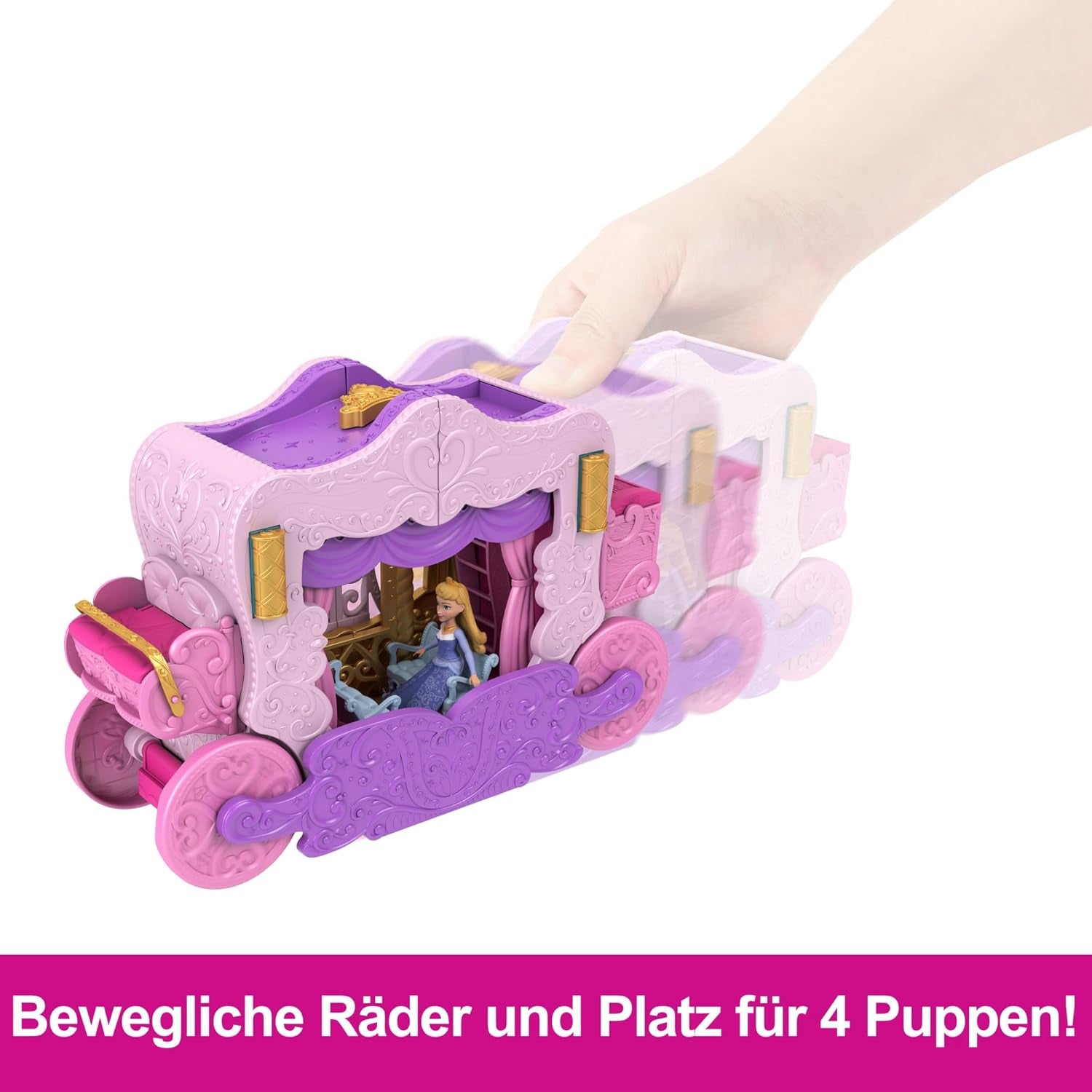 Mattel Disney Princess transformatiespeelset Koets naar kasteel met Aurora minipop, 3 niveaus, 6 speelplekken, 4 figuren, meubels en accessoires HWX17