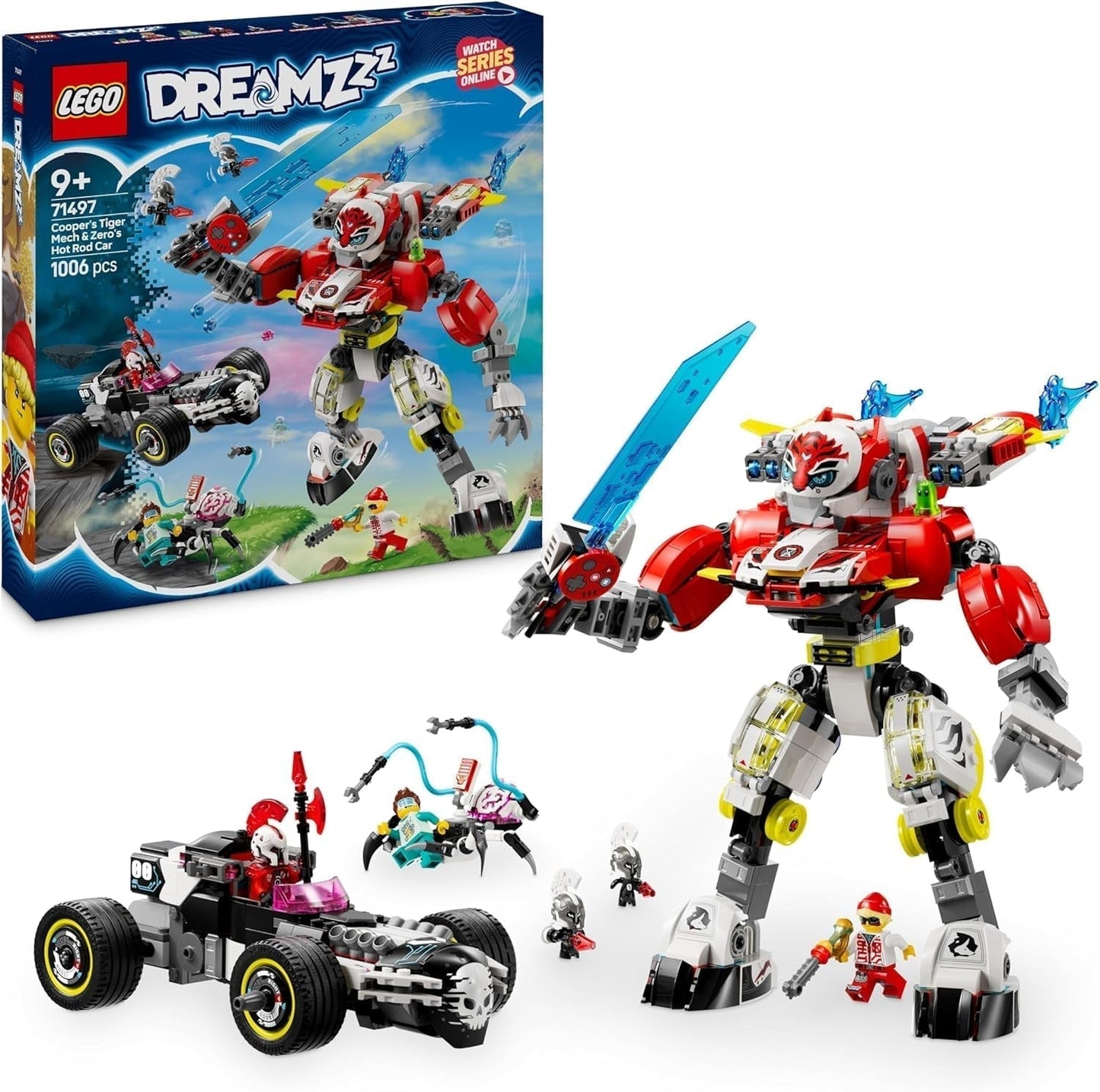 LEGO Dreamzzz Cooper's Tiger Mech en Zero'S Hot Rod auto Speelgoedauto voor kinderen van 9 jaar oud, jongens en meisjes, 2 in 1 mecha en minifiguur speelset 71497 Bouwsets Bekijk de LEGO-Store standaardtitel