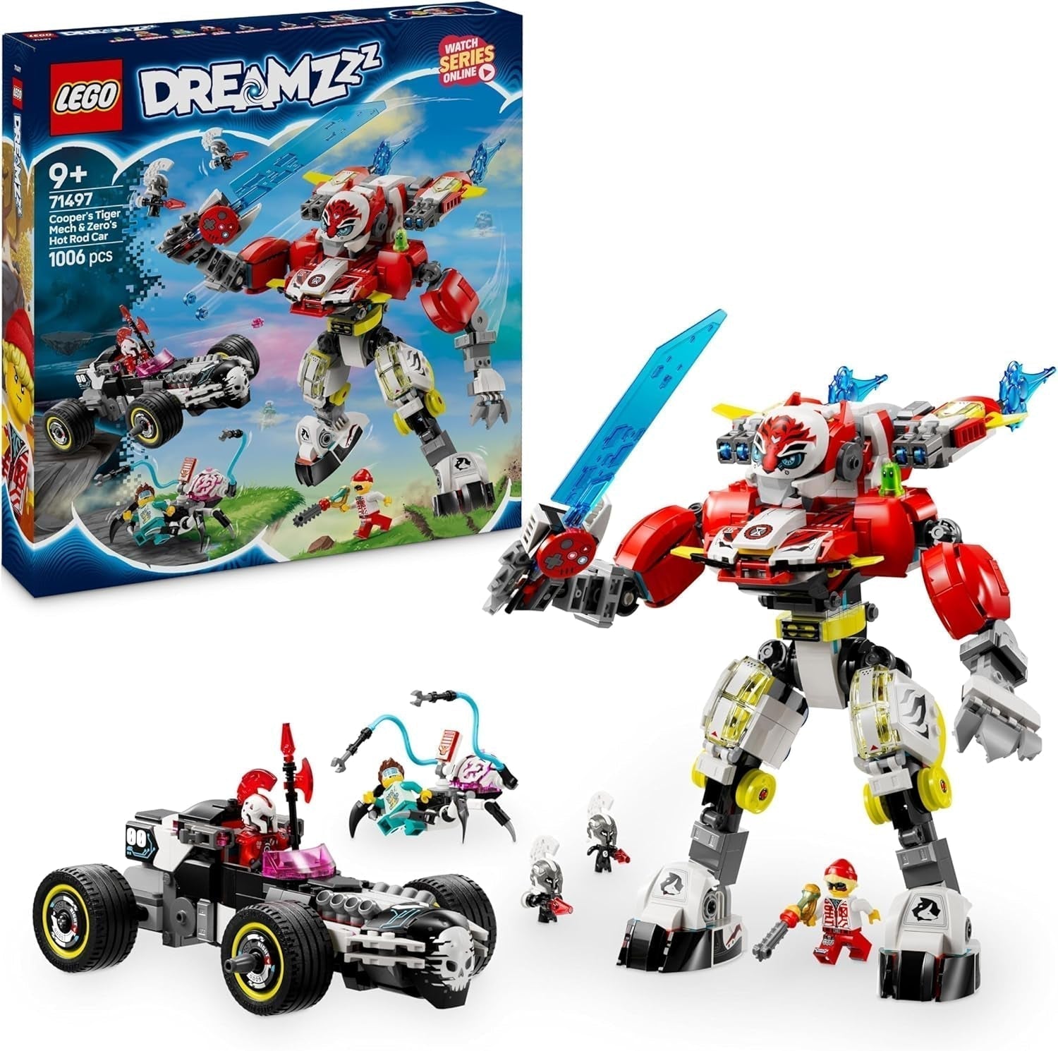 LEGO Dreamzzz Cooper's Tiger Mech en Zero'S Hot Rod auto Speelgoedauto voor kinderen van 9 jaar oud, jongens en meisjes, 2 in 1 mecha en minifiguur speelset 71497 Bouwsets Bekijk de LEGO-Store standaardtitel