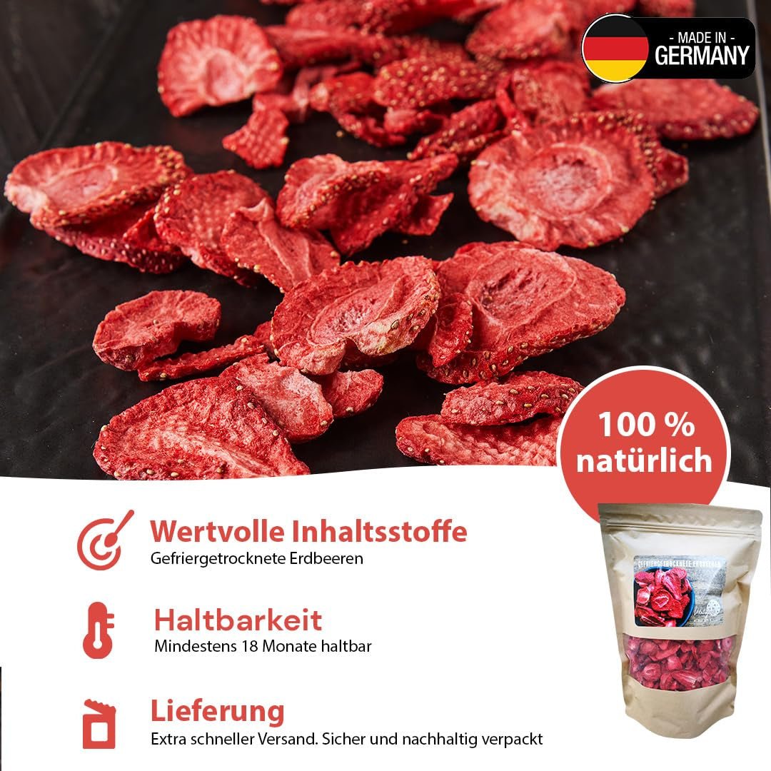 '- 150 g 100% natuurlijke en pure gevriesdroogde aardbeien - Gesneden gedroogde aardbeien - Gevriesdroogd gedroogd fruit zonder toegevoegde suiker - Ongezoete aardbeienchips Gedroogde producten Naty Shop