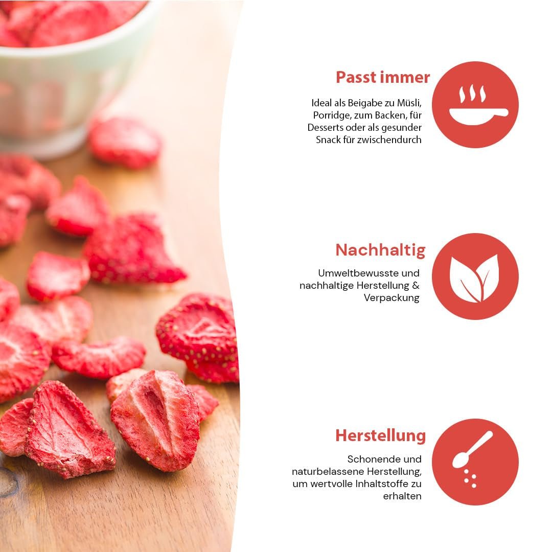 '- 150 g 100% natuurlijke en pure gevriesdroogde aardbeien - Gesneden gedroogde aardbeien - Gevriesdroogd gedroogd fruit zonder toegevoegde suiker - Ongezoete aardbeienchips Gedroogde producten Naty Shop