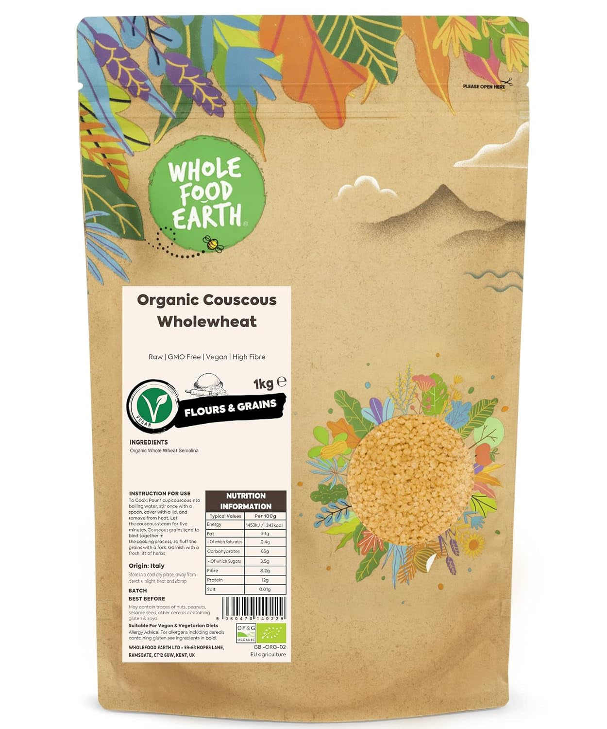 Wholefood Earth biologische couscous – 1kg | Ruw | Niet-GMO | Veganistisch | Rijk aan vezels | Gecertificeerd biologisch