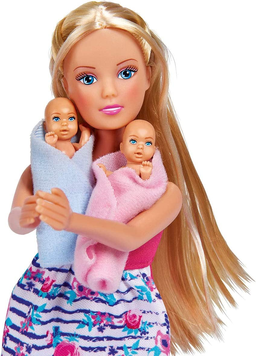 Simba 105733333 - Steffi Love Welcome Twins, zwangere pop met tweeling, commode en bad, accessoires, modepop, 29 cm, voor kinderen vanaf 3 jaar