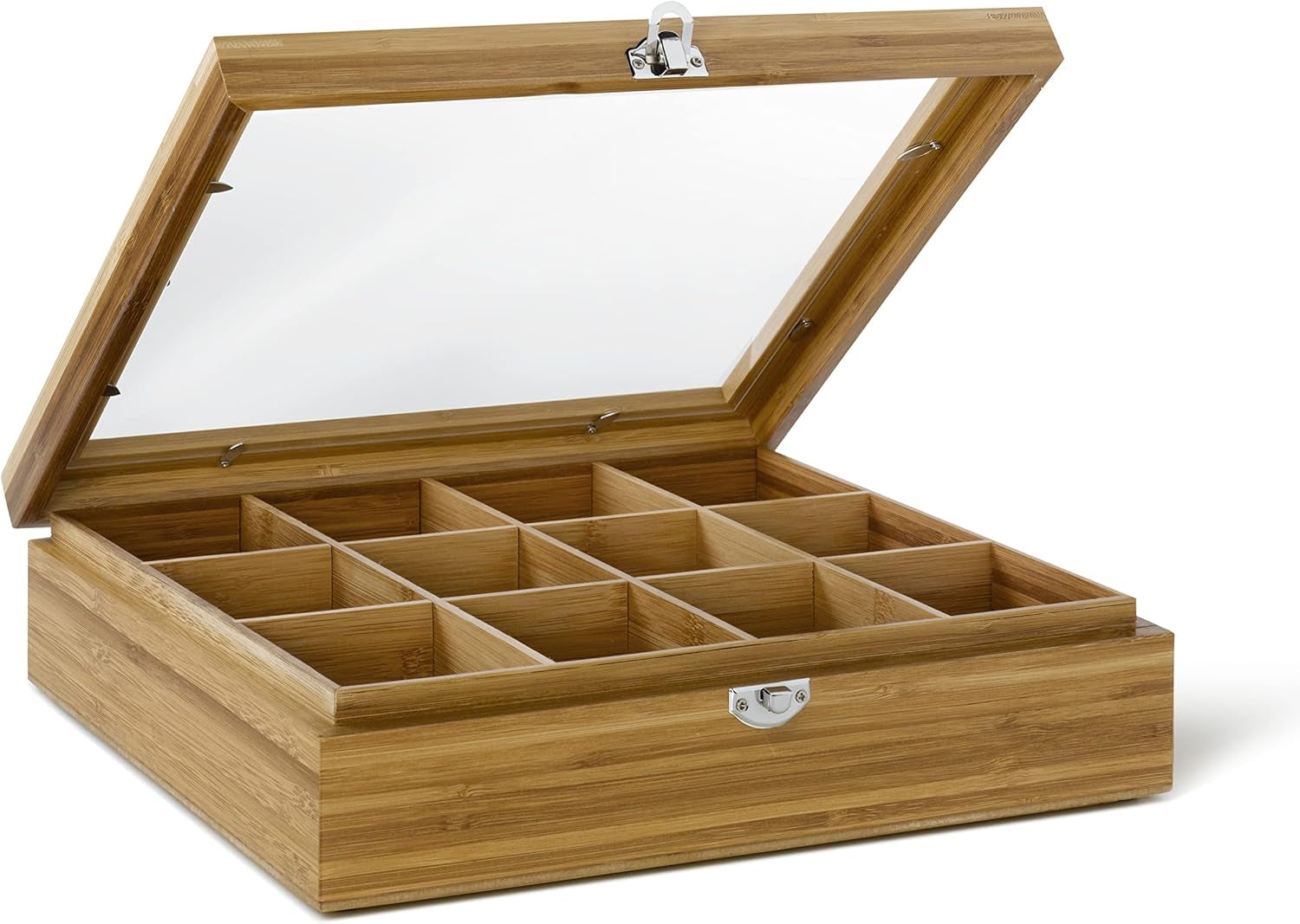 Bredemeijer Grote theezakjesdoos van licht hout met 12 vakken en kijkvenster 28 cm lengte voedselbewaardozen Naty Shop