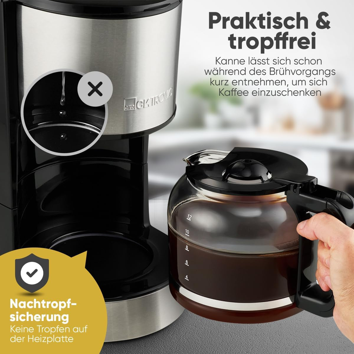 Koffie-espressomachine met Clatronic®-filter | voor 12-14 kopjes | Koffie-espressomachine met filter | Roestvrij stalen behuizing | Anti-druppel | Espresso | Koffie-espressomachine met filter | 800W | KA 3808