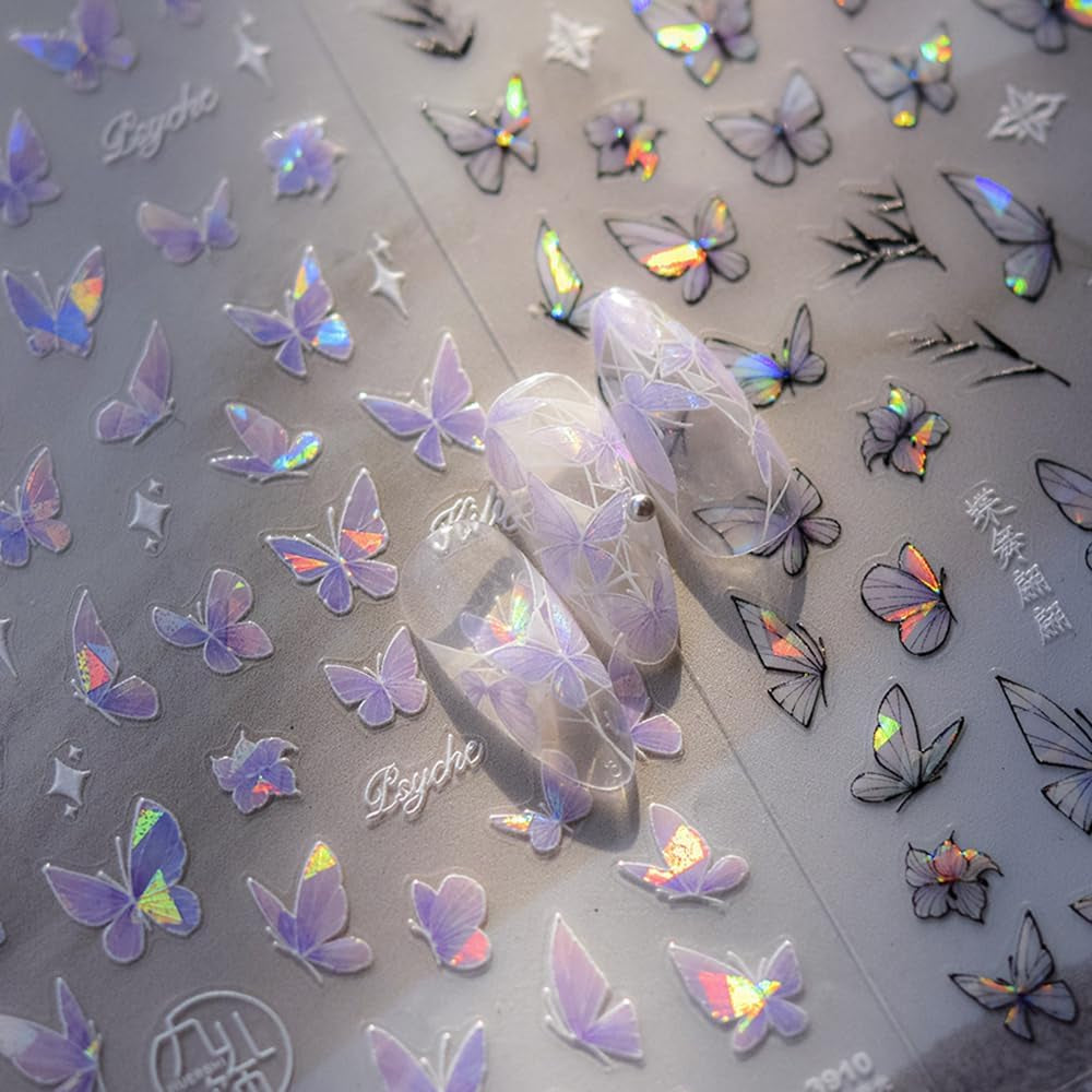 2 Blätter Schmetterling Nagelsticker Selbstklebend,Muschel Glitzer Nail Art Butterfly Nail Sticker Lila Grau Schmetterlinge Nagelaufkleber Relief Laser Vlinders Nagelsticker Nageldesign Zubehör