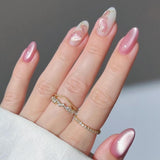 Moonglow korte magnetische kunstnagels, roze amandelrood gradiënt glitter kattenoog met lijm, roze rode ombre glitter fototherapie kunstnagels voor dames en meisjes