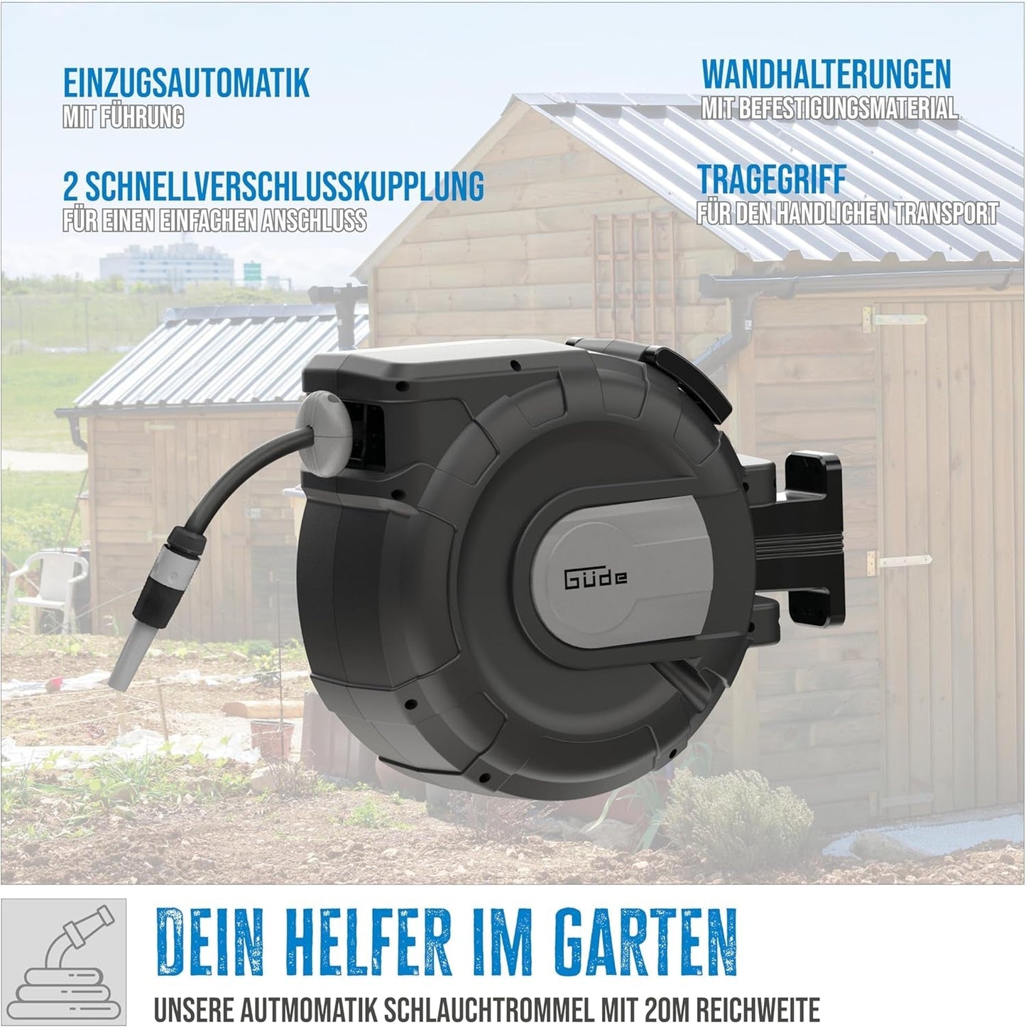 Automatische slanghaspel Güde 20-2-2 1/2 (voor wandmontage, 180° rotatie, 20 m slang, watersproeier, muurbeugel, automatisch intrekken, intrekstop, transportgreep, 2 snelkoppelingen)