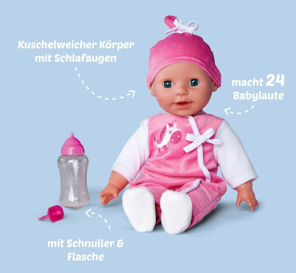 Simba 105140489 - Laura Baby Talk Doll, 38 cm zachte lichaamspop met slaperige ogen in schattige jumpsuit, 24 babygeluiden, speelpop, babypop, vanaf 2 jaar