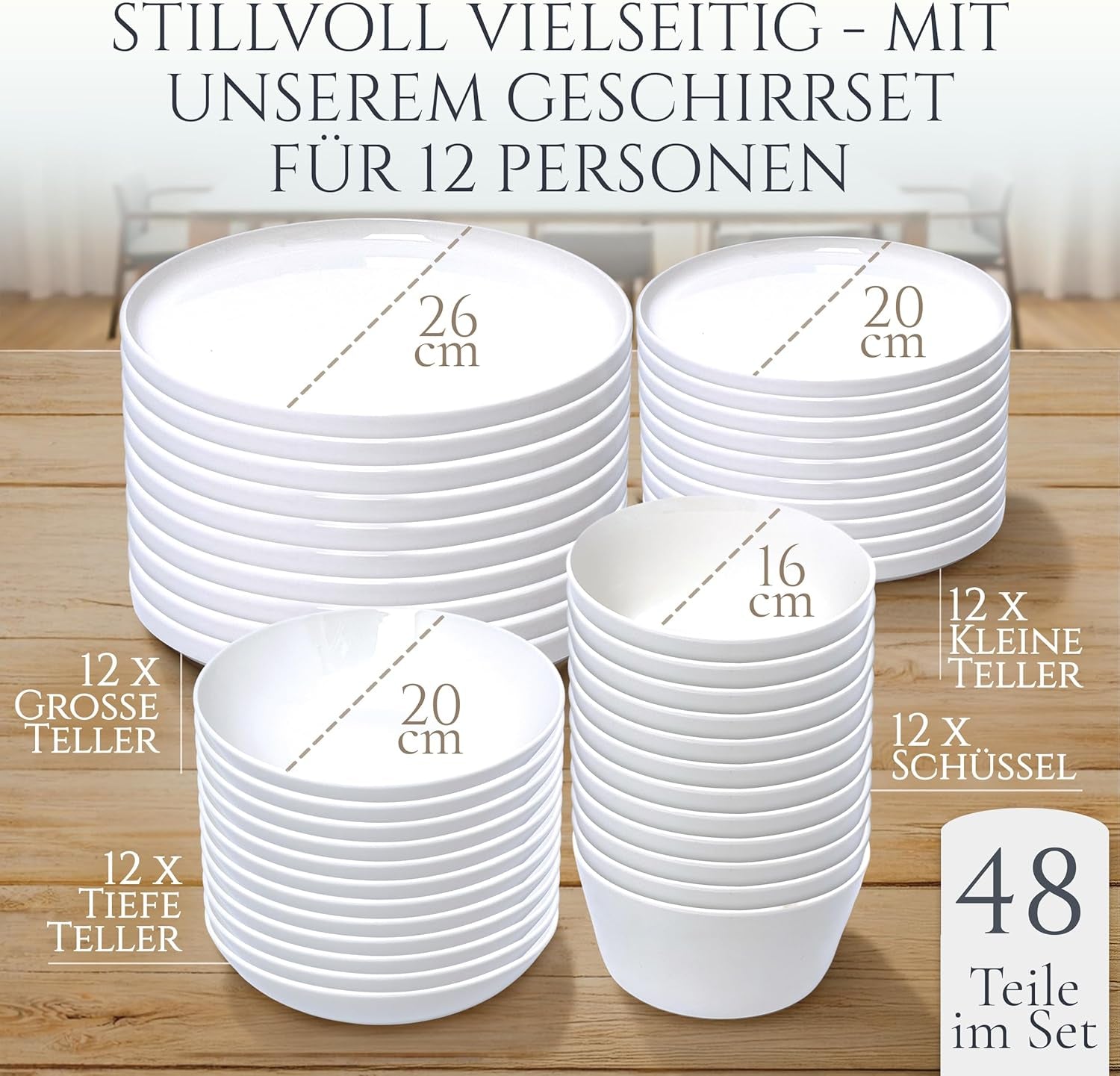 Crystal 48-delige porseleinen serviesset TESTWINNAAR Helder porseleinen serviesset kommen en borden servies voor 12 Pure Living serviessets in wit