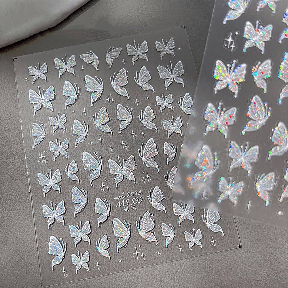 Aurora Muschel Schmetterling Nagelsticker Weiß Schmetterlinge Nagelsticker Gelee Relief Butterfly Nagelaufkleber Y2K Vlinders Nagelsticker Nägel Nageldesign Nagel Zubehör Nail Art Stickers Nailart