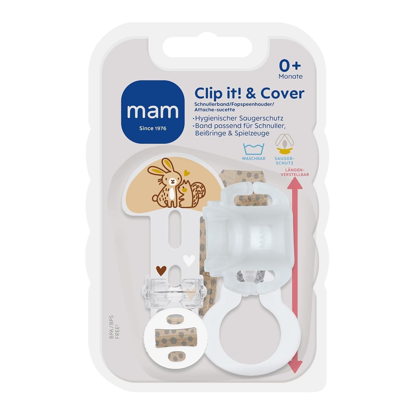 MAMMA Knip het! & Cover Speenriem met speenbeschermer, In lengte verstelbare speenhouder met afneembare ring, Geschikt voor spenen, bijtringen en speelgoed, Konijn