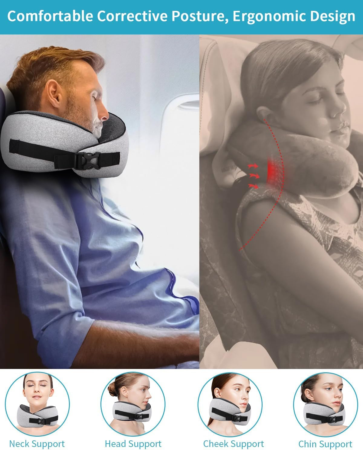 Vliegtuig nekkussen, traagschuim reiskussen, nekkussen voor volwassenen, verstelbaar wasbaar vliegtuigkussen, ergonomisch reiskussen (grijs) Cervicale orthopedische kussens Naty Shop