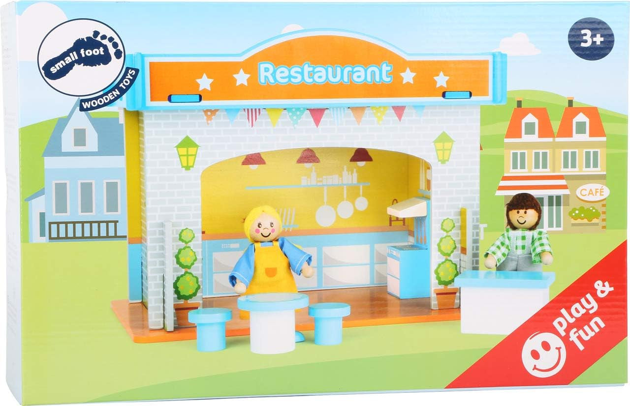 Small Foot 10852 Speelhuis Restaurant Van hout, Met 2 poppenfiguren, accessoires en afneembaar dak, Vanaf 3 jaar Naty Shop Dollhouses