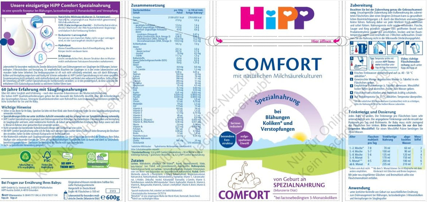 Speciale formule HiPP Comfort (4 x 600 g), vanaf de geboorte, met verlaagd lactosegehalte, voor de dieetbehandeling van kolieken, een opgeblazen gevoel en constipatie
