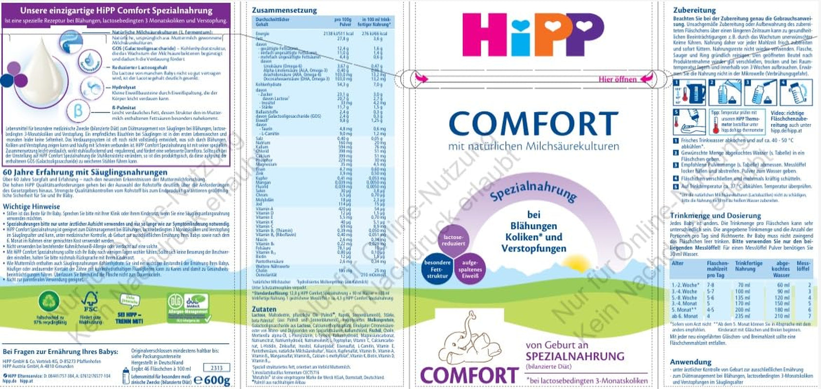 Speciale formule HiPP Comfort (4 x 600 g), vanaf de geboorte, met verlaagd lactosegehalte, voor de dieetbehandeling van kolieken, een opgeblazen gevoel en constipatie