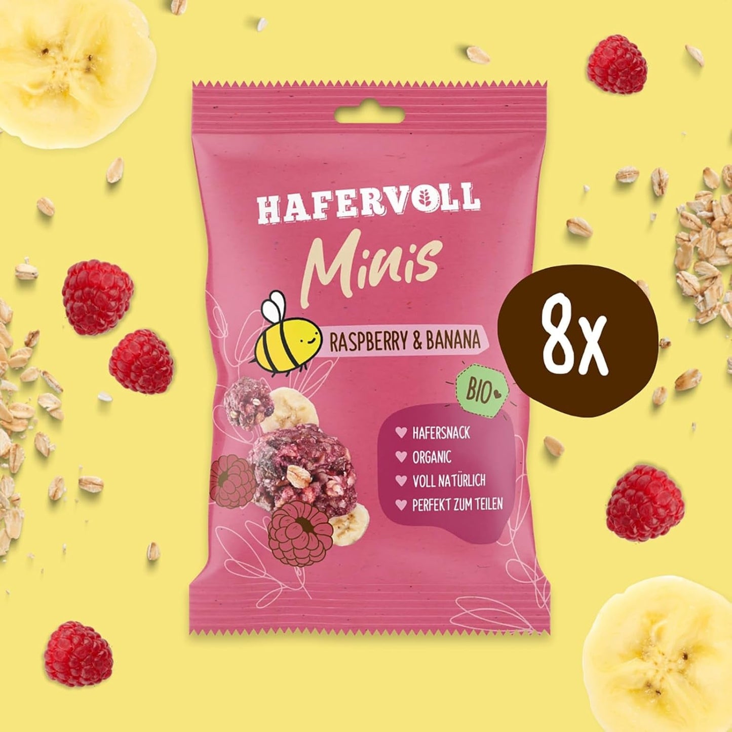 HAFERVOLL Minis Koolzaad en Banaan 8x 65g - Gecertificeerd biologisch, met honing, zonder toegevoegde suikers, perfect om te delen