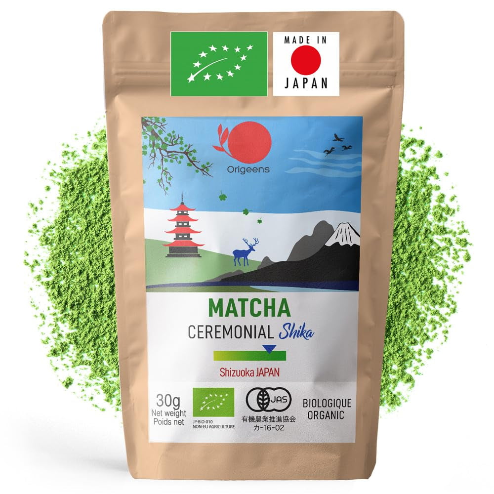 ORIGEENS BIO MATCHA CEREMONIAL GRADE "SHIKA" - Biologische Japanse thee van Shizuoka - Matcha Latte/Usucha - Navulzakje van 30 g - Ceremoniële kwaliteit biologische Matcha groene theepoeder