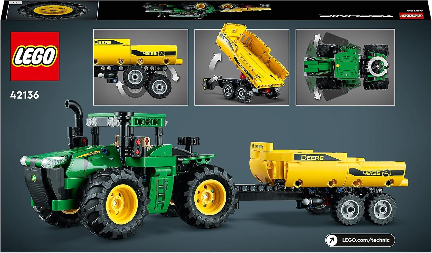 LEGO Technic John Deere 9620R 4WD-tractor met kipper Klassiek landbouwspeelgoed voor kinderen, jongens en meisjes, 8 jaar oud, verzamelmodelset 42136 Bouwsets