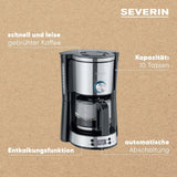 SEVERIN "TypeSwitch" espressomachine met glazen karaf en timer, AromaSwitch voor het kiezen van 2 zetopties, digitale klok met timerfunctie, voor maximaal 10 kopjes, 1000W, geborsteld roestvrij staal-zwart, KA 4826