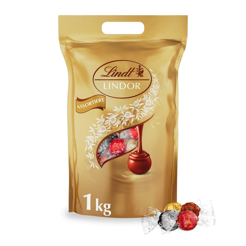 Klassiek assortiment Lindt chocoladebolletjes LINDOR | ca. 80 bolletjes chocolade (melk, wit, puur 60%, hazelnoot) | Grootverpakking, 1 kg