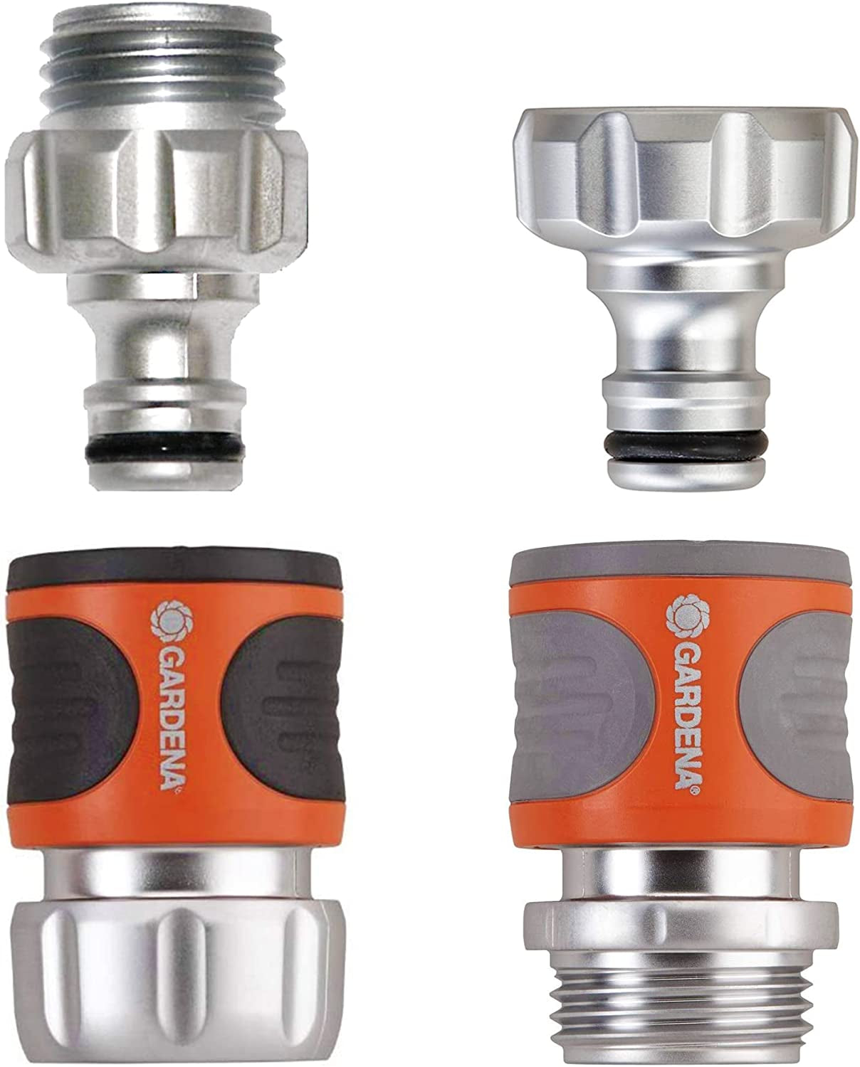 Gardena 39042-M metalen snelkoppelingsstartset voor tuinslangen, snelkoppelingen en accessoires in enkele seconden, 4-delig inclusief lekvrije adapters voor stekker en stopcontact