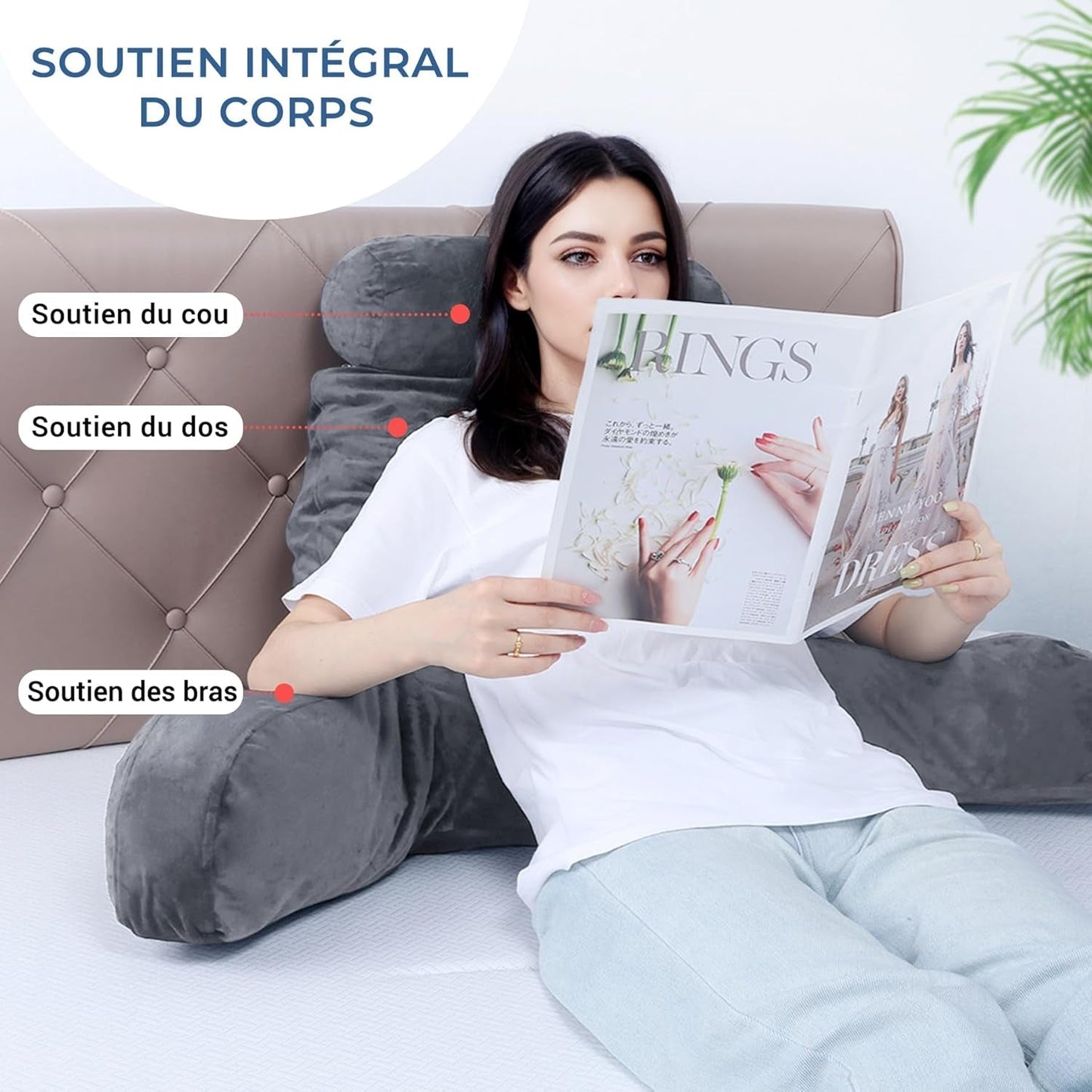 INFANTIA ergonomisch leeskussen met armleuningen, rugsteun, groot, grijs