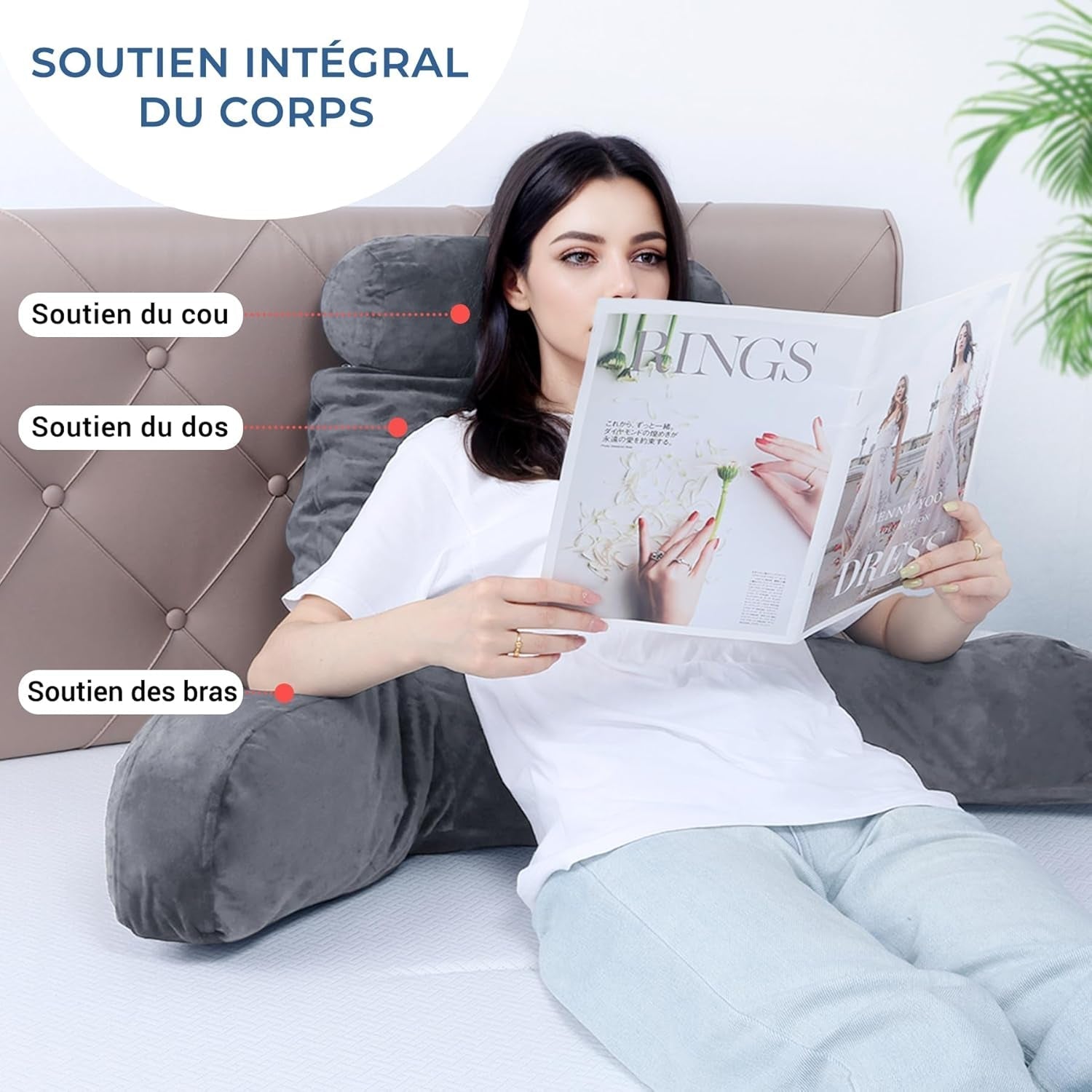 INFANTIA ergonomisch leeskussen met armleuningen, rugsteun, groot, grijs
