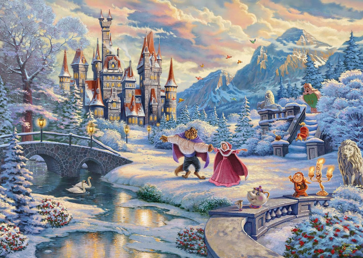 Schmidt Spiele 59671 Thomas Kinkade, Disney, Belle en het Beest, Magische Winteravond, puzzel 1000 stukjes Puzzel Naty Shop