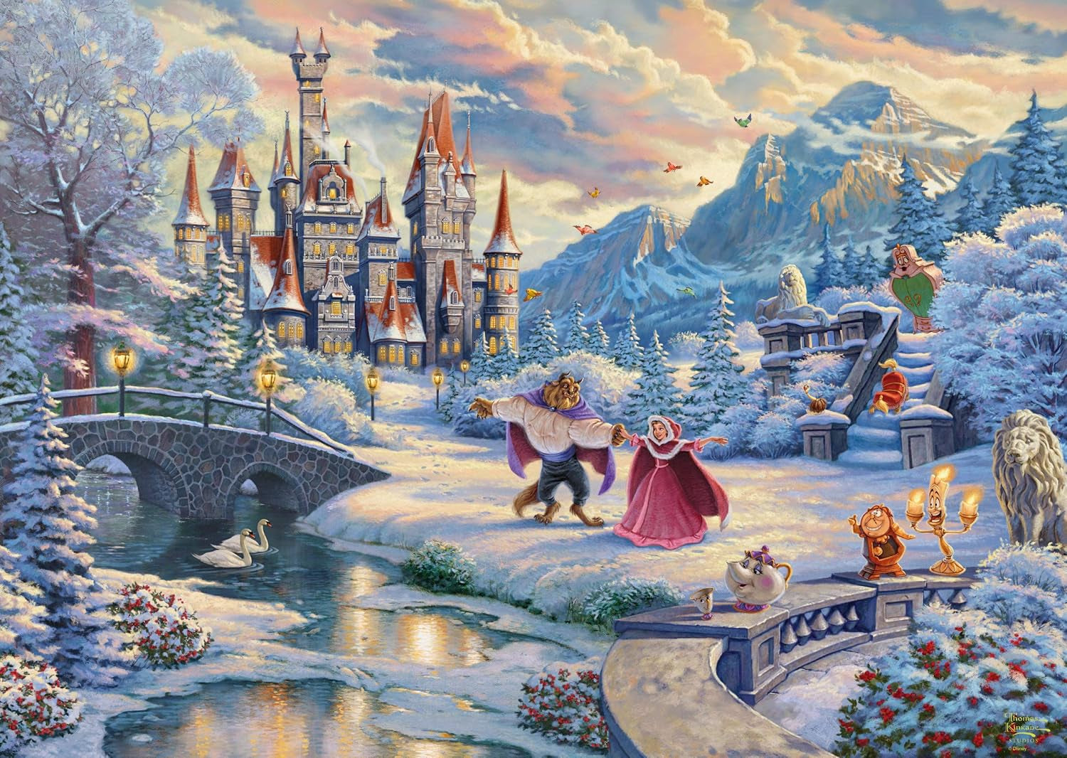 Schmidt Spiele 59671 Thomas Kinkade, Disney, Belle en het Beest, Magische Winteravond, puzzel 1000 stukjes Puzzel Naty Shop