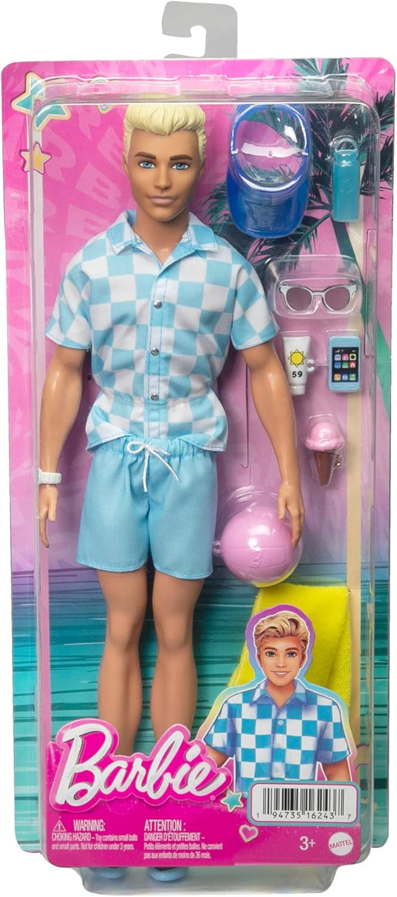 Barbie Ken - Blonde pop met blauw shirt en zwemschort, strandaccessoires en strandbal voor creatief spelen, vanaf 3 jaar, HPL74