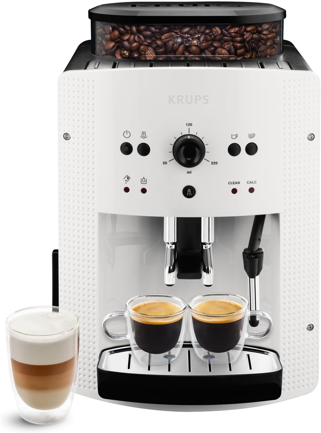 KRUPS Arabica Picto automatische espressomachine, compact ontwerp, eenvoudig te gebruiken, intuïtief verstelbare draaibediening, melkopschuimer, 2-kops functie, espressomachine, zwart, EA810870