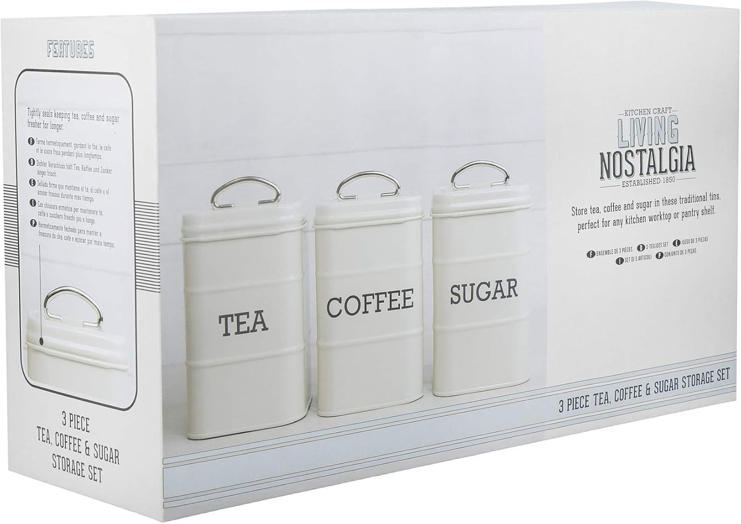 KitchenCraft Living Nostalgia set van 3 voorraadpotten voor thee, suiker en koffie in geschenkdoos, staal, antiek crème, 11 cm x 11 cm x 17 cm, vintage blauwe voedselbewaardozen Naty Shop