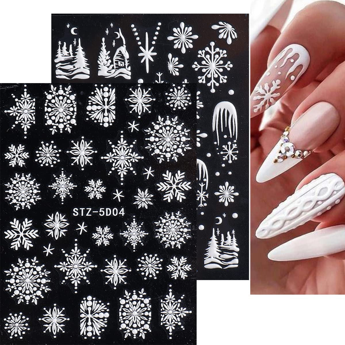 4 Blatt 3D Nagelsticker Weihnachten Nagelaufkleber Christmas 5D Stereoskopisch Selbstklebend Schneeflocke Schneemann Nail Art Sticker Decoratie Nageldesign Zubehör