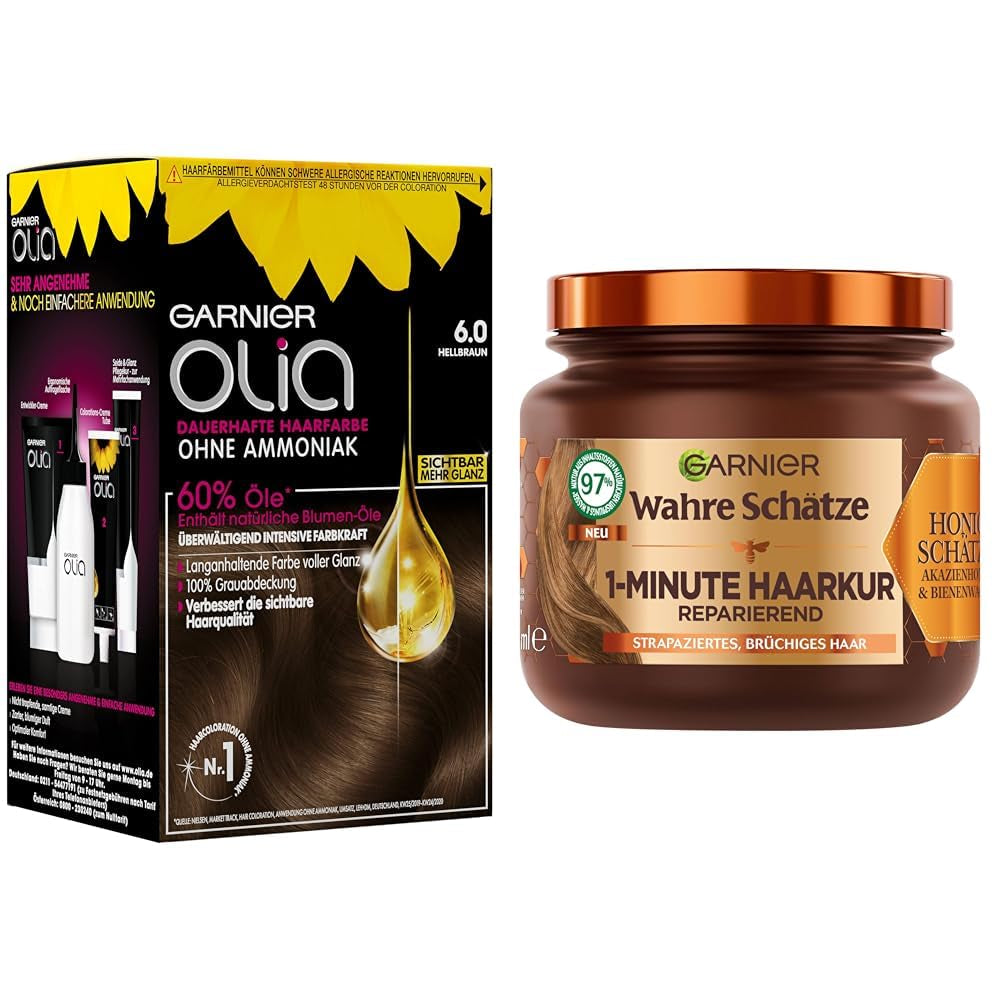 Garnier Olia Hair Colour 6.0 Lichtbruin + True Treasures Repair Treatment (340ml) voor beschadigd haar - kleuren zonder ammoniak, natuurlijke oliën, grijs haar bedekken, honing en bijenwas, minder haarbreuk Haarverf Naty Shop Haarkleuring + reparatiebehandeling