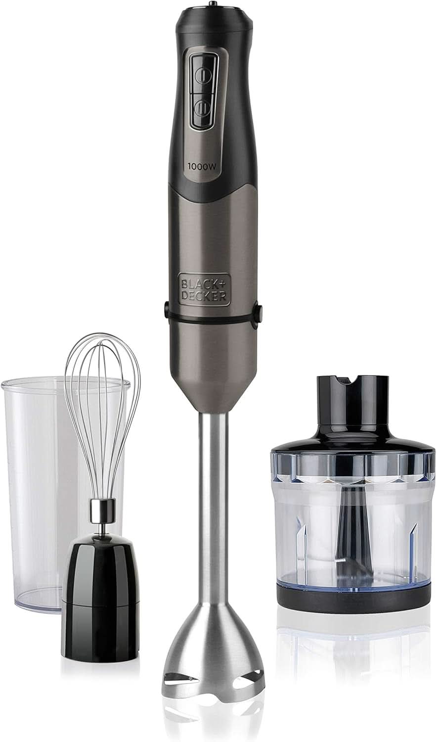 BLACK+DECKER Keukenmixer | BXHBA1500E | 1500 Watt | 20 snelheden | Turbo | Edelstahl | Spritzschutz | Inclusief Pürieraufsatz, Schneebesen, Zerkleinerer en Messbecher Kitchen Naty Shop Single 3 Zubehörteile 1000W